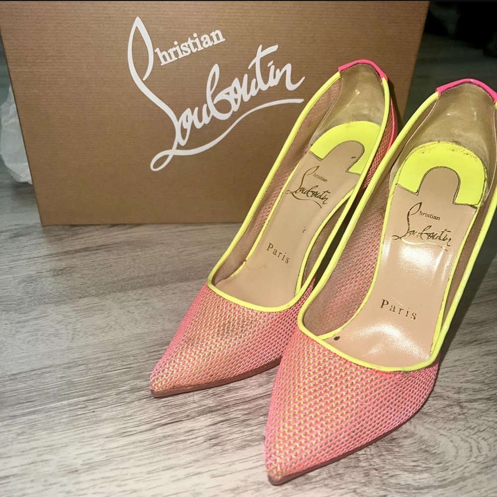 Christian Louboutin Pink Follies Mesh Lace 100 Raphia Fluo . - size 5 - - Picture 2 of 6